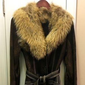 Real Rabbit Fur Coat with Fox Fur Collar & Leather